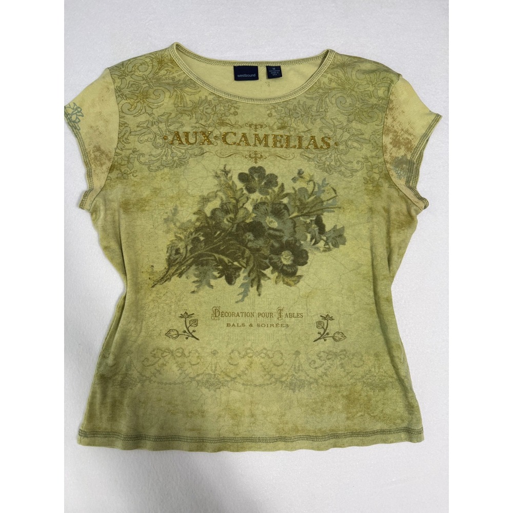 Vintage Y2K Westbound Acid Wash Rhinestone Aux Camelias Floral Graphic Tee M